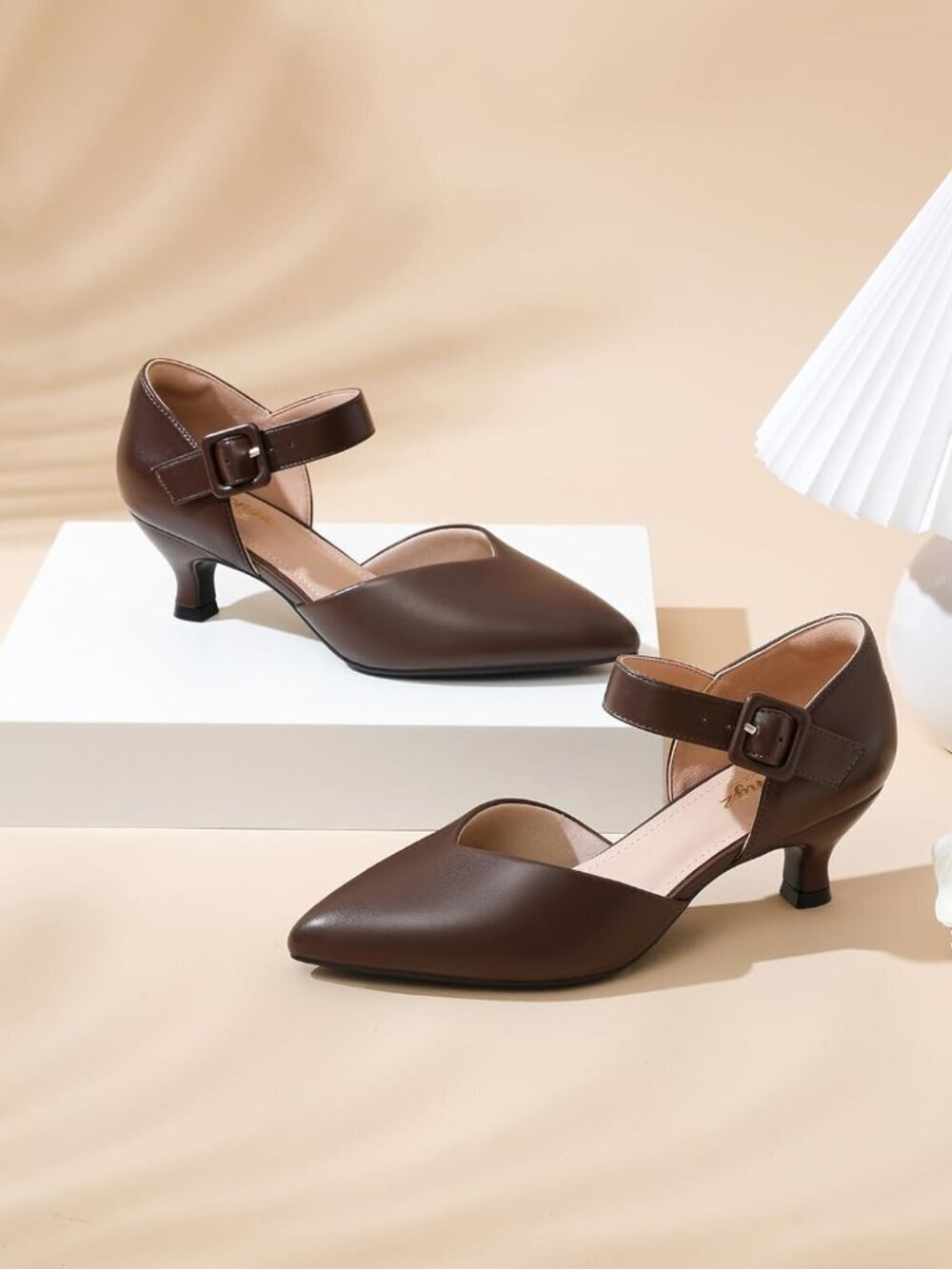Women's Brown Pu Kitten Pointed Closed Toe Ankle Strap Buckle Heels Shoes